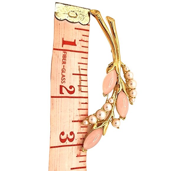 Vintage Crown Trifari Brooch Pin Pink Cabochon Faux Pearl Gold Jewelry NEW - Picture 4 of 4